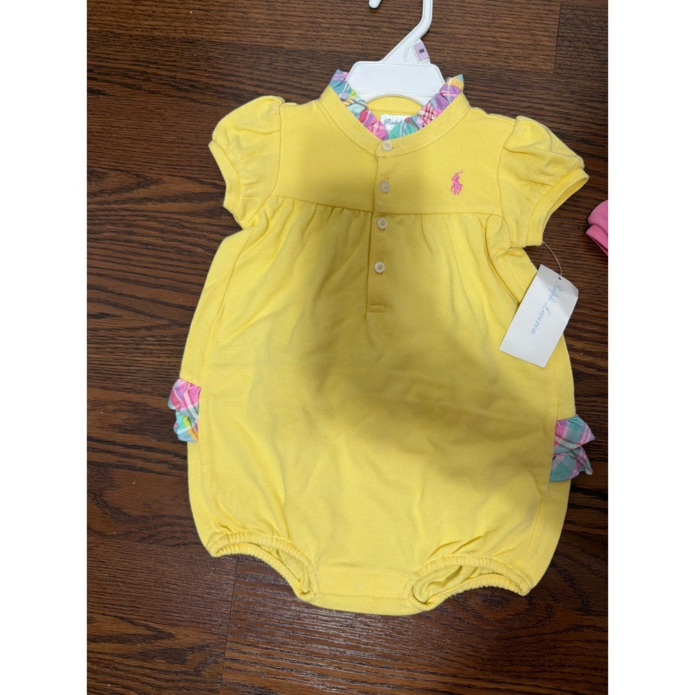 Ralph Lauren Baby Girls 2PK Polo Bubble Romper Yellow Pink Plaid Ruffle 9M NEW - Picture 2 of 9